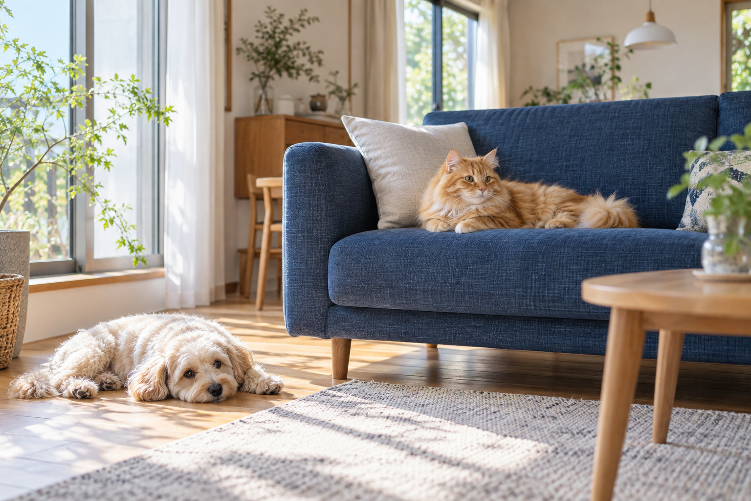 日差しの入るリビングで、青いソファに座る猫と床でくつろぐ犬
